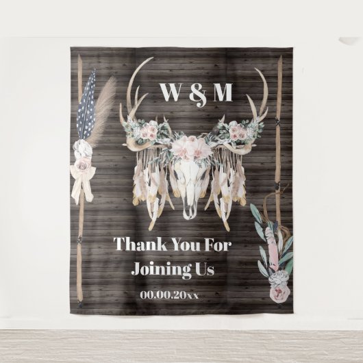 Boho antlers Rose fether wood rustikales Land Wandteppich (Vorderseite)