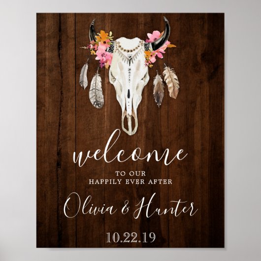 Boho Antlers Skull Dark Wood Welcome Wedding Poster (Vorne)