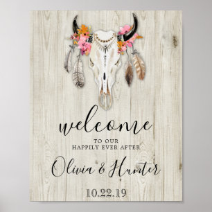 Boho Antlers Skull Wood Welcome Wedding Poster