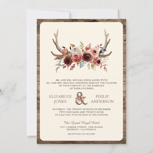 Boho Antlers Terracotta Floral QR Code Wedding Einladung (Vorderseite)