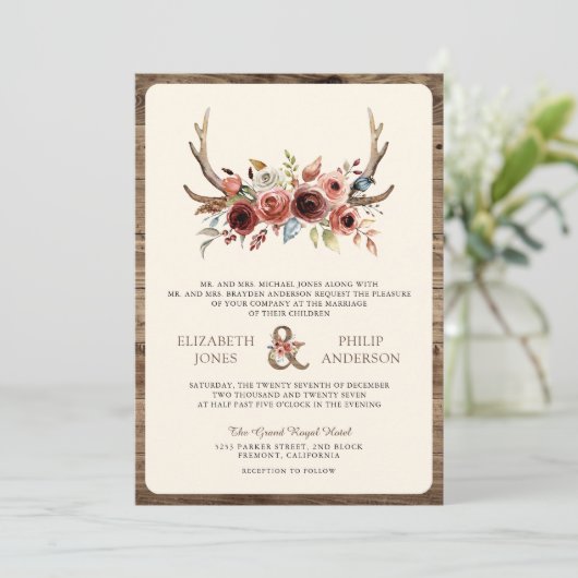 Boho Antlers Terracotta Floral QR Code Wedding Einladung (Stehend Vorderseite)