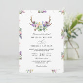 Boho Antlers Wildflowers Rustic QR Code Wedding Einladung (Stehend Vorderseite)