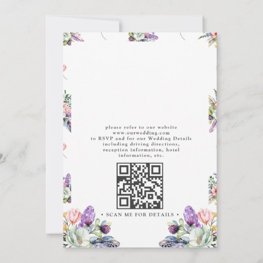 Boho Antlers Wildflowers Rustic QR Code Wedding Einladung (Rückseite)
