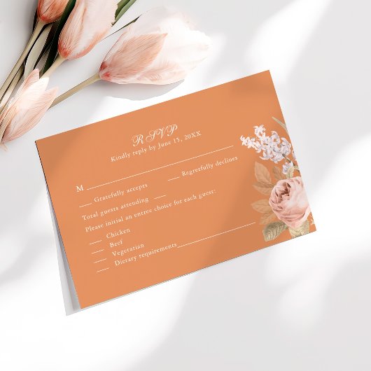 Boho Apricot Peonies Wedding RSVP Card Dankeskarte