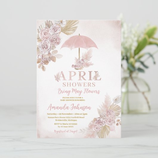 Boho April Duschen bringen May Pink Blume Einladung (Stehend Vorderseite)