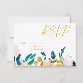 Boho Aquamarin Blue and Gold Watercolor Floral Wed RSVP Karte
