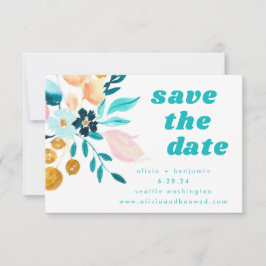 Boho Aquamarin Blue and Gold Watercolor Floral Wed Save The Date