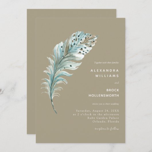 Boho Aquamarin Blue Feather Minimal Sandy Beige Einladung (Vorne/Hinten)