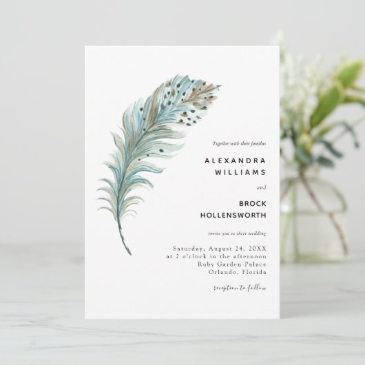 Boho Aquamarin Blue Feather Minimal Wedding Einladung (Stehend Vorderseite)