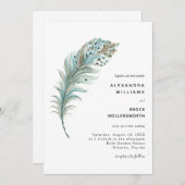 Boho Aquamarin Blue Feather Minimal Wedding Einladung (Vorne/Hinten)