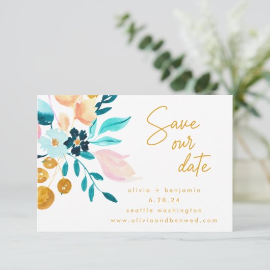 Boho Aquamarin Blue Floral Hand gemalt Romantik Save The Date (Stehend Vorderseite)