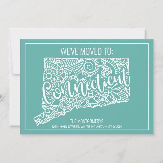 Boho Aquamarin Floral Connecticut Staat Moving Ankündigung (Vorderseite)