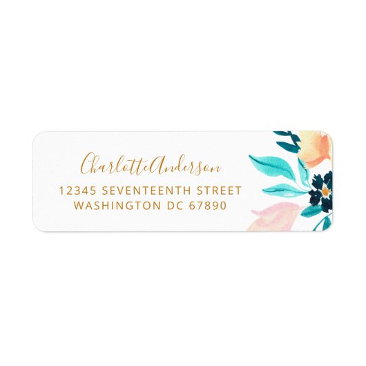 Boho Aquamarin Gold Watercolor Blume Rücksendeadre (Vorne)