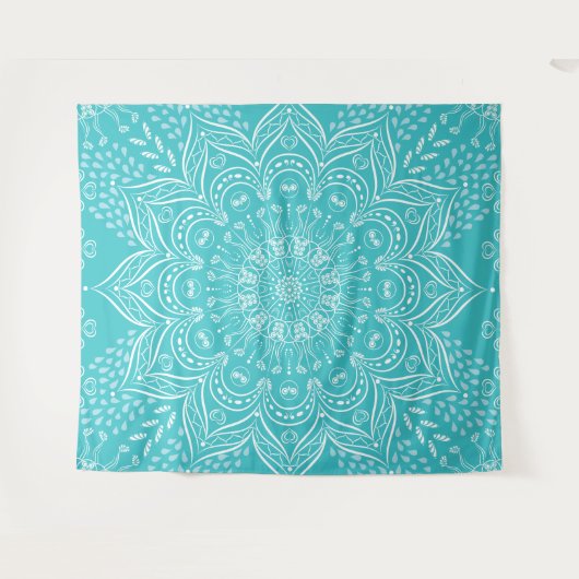 Boho Aquamarin Mandala Tapestry Wandteppich (Vorderseite (Horizontal))