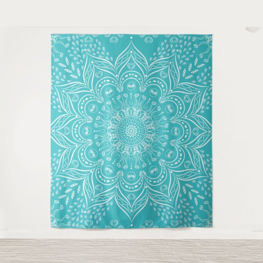 Boho Aquamarin Mandala Tapestry Wandteppich (Vorderseite)