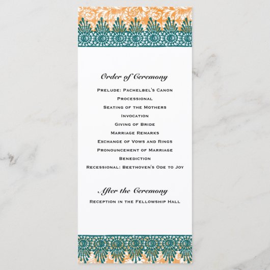 Boho Aquamarin Orange Damask Hochzeitsprogramm Programm (Rückseite)
