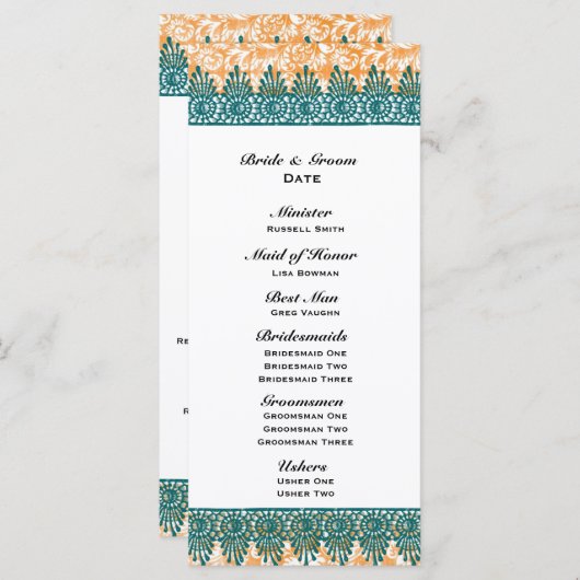 Boho Aquamarin Orange Damask Hochzeitsprogramm Programm (Vorne/Hinten)