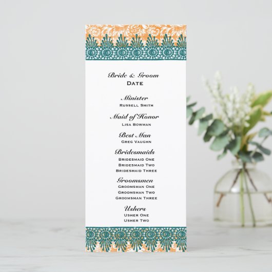 Boho Aquamarin Orange Damask Hochzeitsprogramm Programm (Stehend Vorderseite)