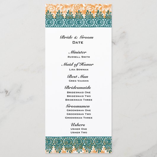 Boho Aquamarin Orange Damask Hochzeitsprogramm Programm (Vorderseite)