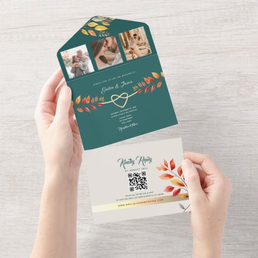 Boho Aquamarin Orange Hochzeit im Herbst All In One Einladung (Abreißen)