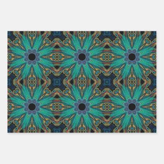 Boho Aquamarin Peacock Abstraktes grafisches Muste Geschenkpapier Set (Vorderseite)