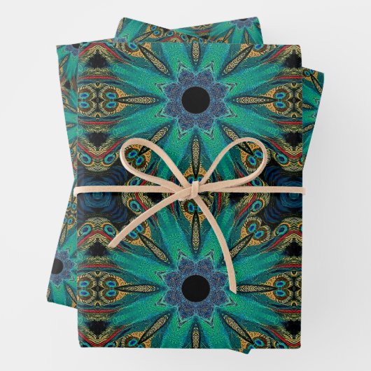 Boho Aquamarin Peacock Abstraktes grafisches Muste Geschenkpapier Set (Beispiel)