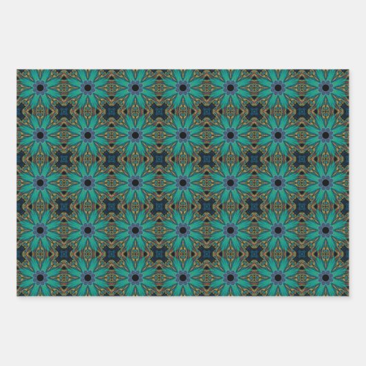 Boho Aquamarin Peacock Abstraktes grafisches Muste Geschenkpapier Set (Vorderseite 3)