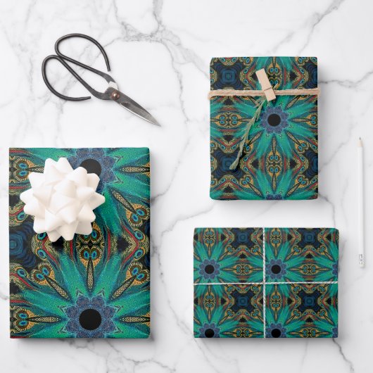 Boho Aquamarin Peacock Abstraktes grafisches Muste Geschenkpapier Set (Vorderseite)