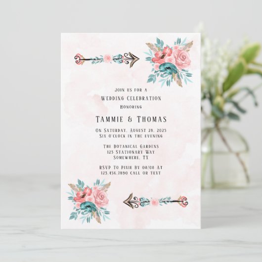 Boho Aquamarin & Pink Peony Blume Pfeile Hochzeit Einladung (Stehend Vorderseite)