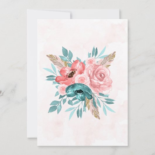 Boho Aquamarin & Pink Peony Blume Pfeile Hochzeit Einladung (Rückseite)