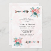 Boho Aquamarin & Pink Peony Blume Pfeile Hochzeit Einladung (Vorne/Hinten)