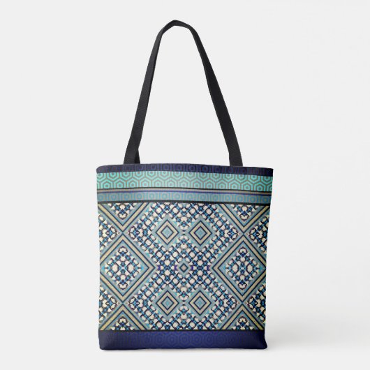 Boho Aquamarin, Tan, Black, Blue Tribal Tasche (Rückseite)