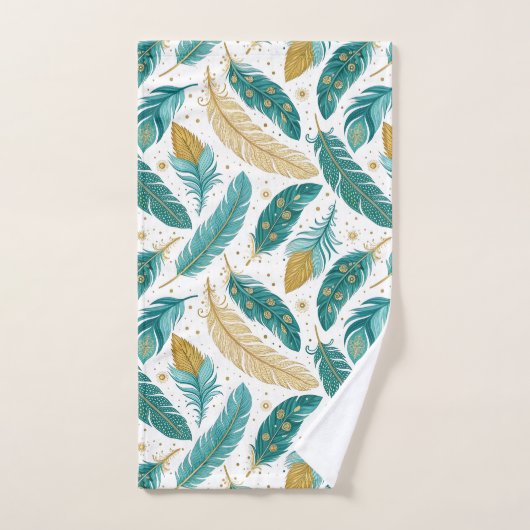 Boho Aquamarin und Gold Feathers Badhandtuch Set (Handtuch)