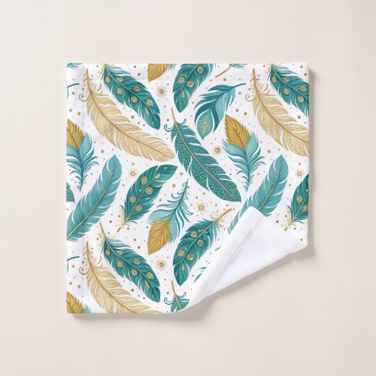Boho Aquamarin und Gold Feathers Badhandtuch Set (Waschlappen)