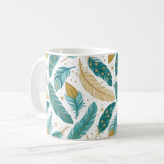 Boho Aquamarin und Gold Feathers Kaffeetasse (Vorderseite Links)