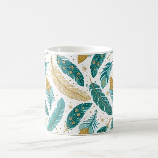 Boho Aquamarin und Gold Feathers Kaffeetasse (Mittel)