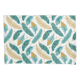 Boho Aquamarin und Gold Feathers Kissenbezug