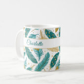 Boho Aquamarin und Gold Feathers Script Name Kaffeetasse (Vorderseite Links)