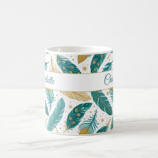 Boho Aquamarin und Gold Feathers Script Name Kaffeetasse (Mittel)