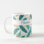 Boho Aquamarin und Gold Feathers Script Name Kaffeetasse (Links)