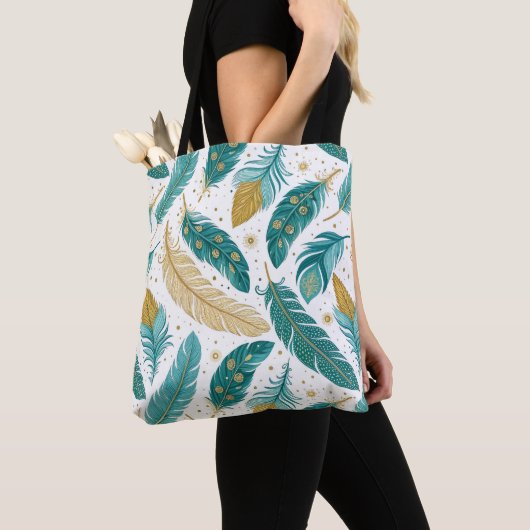 Boho Aquamarin und Gold Feathers Tasche (Von Nahem)