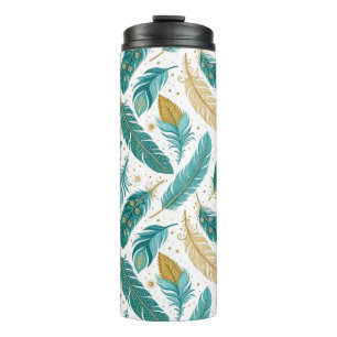 Boho Aquamarin und Gold Feathers Thermosbecher