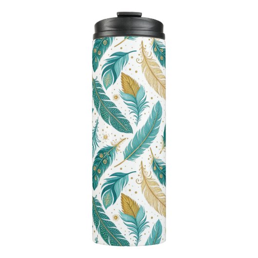 Boho Aquamarin und Gold Feathers Thermosbecher (Vorderseite)