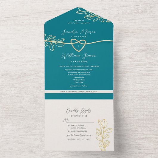 Boho Aquamarin Wedding All In One Einladung (Innen Boden)