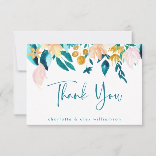 Boho Aquamarine und goldfarbene Flora Custom Flair Dankeskarte (Vorderseite)