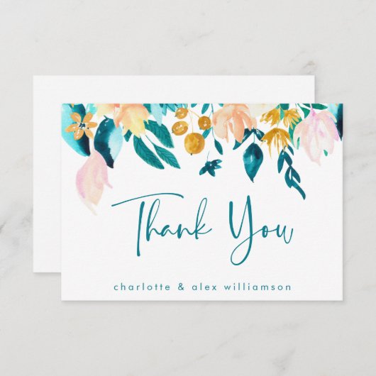 Boho Aquamarine und goldfarbene Flora Custom Flair Dankeskarte (Vorne/Hinten)