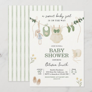 Boho-Aquarell-Baby-Mädchen-Wäscheleine-Baby-Shower Einladung