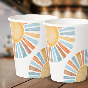 Boho-Aquarell Blau Gelbe Sonnenschein-Baby-Party Pappbecher