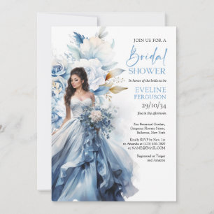 Boho-Aquarell-Blau und weißes Blumen-Brautkleid Einladung