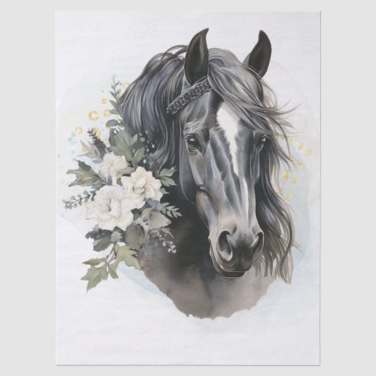 Boho-Aquarell-Blumen Schwarz Pferd Seidenpapier (Vorderseite)